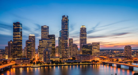Futuristic Smart City Skyline with Neon Lights and Advanced Transportation Technology.