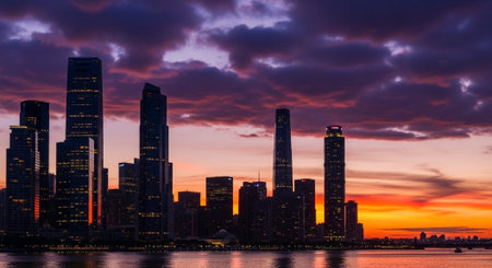 Futuristic Smart City Skyline with Neon Lights and Advanced Transportation Technology.
