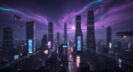 Futuristic Smart City Skyline with Neon Lights and Advanced Transportation Technology.