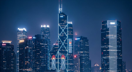 Futuristic Smart City Skyline with Neon Lights and Advanced Transportation Technology.