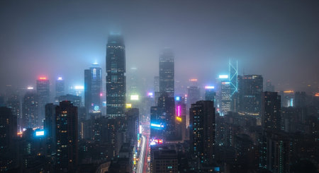 Futuristic Smart City Skyline with Neon Lights and Advanced Transportation Technology.