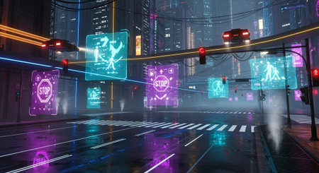 Futuristic Smart City Skyline with Neon Lights and Advanced Transportation Technology.