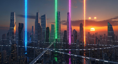 Futuristic Smart City Skyline with Neon Lights and Advanced Transportation Technology.