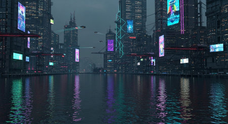 Futuristic Smart City Skyline with Neon Lights and Advanced Transportation Technology.