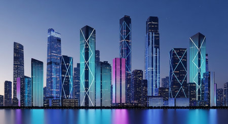 Futuristic Smart City Skyline with Neon Lights and Advanced Transportation Technology.