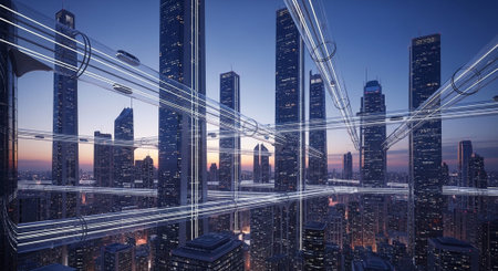 Futuristic Smart City Skyline with Neon Lights and Advanced Transportation Technology.の写真素材