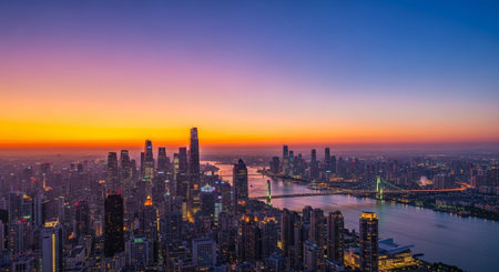 Futuristic Smart City Skyline with Neon Lights and Advanced Transportation Technology.