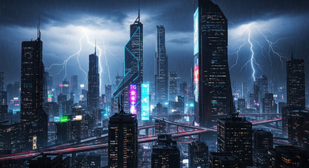 Futuristic Smart City Skyline with Neon Lights and Advanced Transportation Technology.