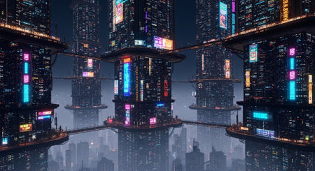 Futuristic Smart City Skyline with Neon Lights and Advanced Transportation Technology.
