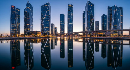 Futuristic Smart City Skyline with Neon Lights and Advanced Transportation Technology.の写真素材