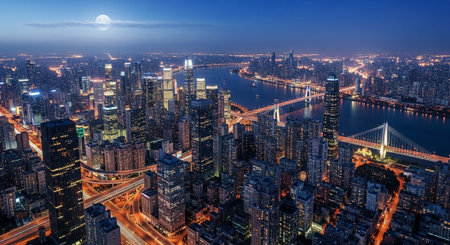 Futuristic Smart City Skyline with Neon Lights and Advanced Transportation Technology.