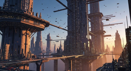 Futuristic Smart City Skyline with Neon Lights and Advanced Transportation Technology.