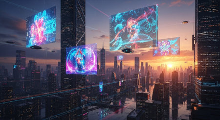 Futuristic Smart City Skyline with Neon Lights and Advanced Transportation Technology.
