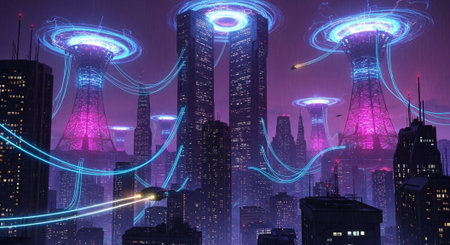 Futuristic Smart City Skyline with Neon Lights and Advanced Transportation Technology.