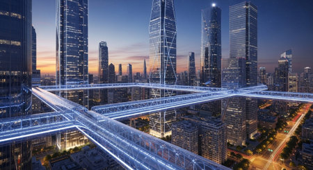 Futuristic Smart City Skyline with Neon Lights and Advanced Transportation Technology.
