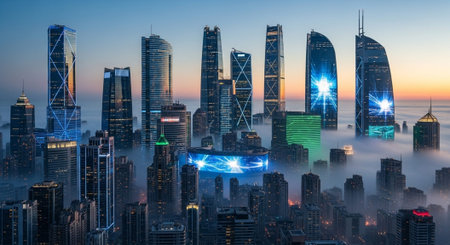 Futuristic Smart City Skyline with Neon Lights and Advanced Transportation Technology.