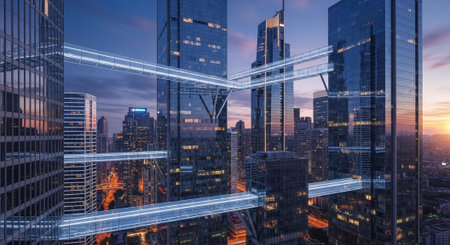 Futuristic Smart City Skyline with Neon Lights and Advanced Transportation Technology.
