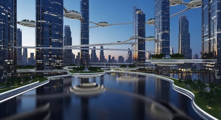 Futuristic Smart City Skyline with Neon Lights and Advanced Transportation Technology.