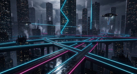 Futuristic Smart City Skyline with Neon Lights and Advanced Transportation Technology.