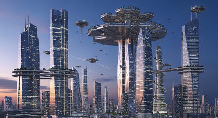 Futuristic Smart City Skyline with Neon Lights and Advanced Transportation Technology.