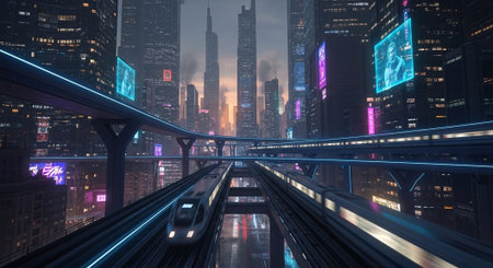 Futuristic Smart City Skyline with Neon Lights and Advanced Transportation Technology.