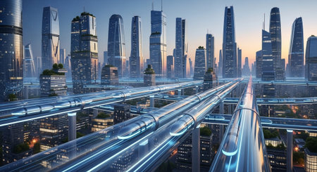 Futuristic Smart City Skyline with Neon Lights and Advanced Transportation Technology.