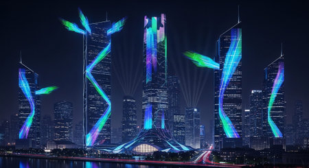 Futuristic Smart City Skyline with Neon Lights and Advanced Transportation Technology.