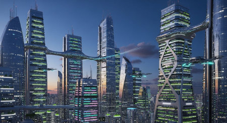 Futuristic Smart City Skyline with Neon Lights and Advanced Transportation Technology.