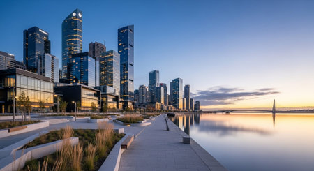 Futuristic Smart City Skyline with Neon Lights and Advanced Transportation Technology.