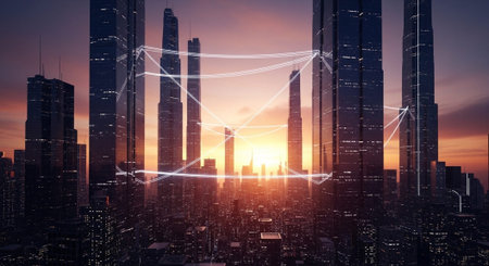 Futuristic Smart City Skyline with Neon Lights and Advanced Transportation Technology.