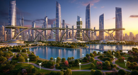 Futuristic Smart City Skyline with Neon Lights and Advanced Transportation Technology.の写真素材