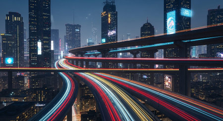 Futuristic Smart City Skyline with Neon Lights and Advanced Transportation Technology.