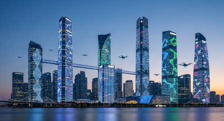 Futuristic Smart City Skyline with Neon Lights and Advanced Transportation Technology.