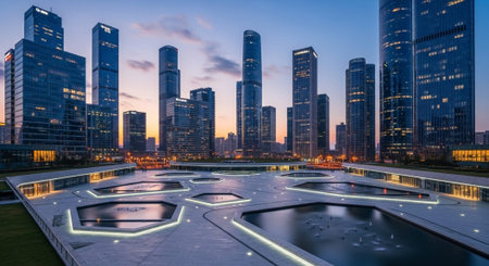 Futuristic Smart City Skyline with Neon Lights and Advanced Transportation Technology.