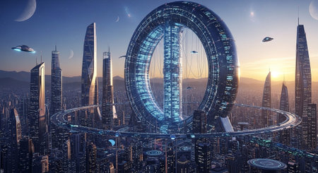 Futuristic Smart City Skyline with Neon Lights and Advanced Transportation Technology.