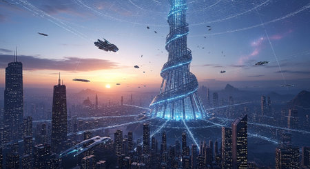 Futuristic Smart City Skyline with Neon Lights and Advanced Transportation Technology.