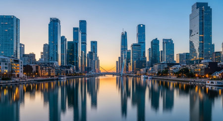 Futuristic Smart City Skyline with Neon Lights and Advanced Transportation Technology.の写真素材