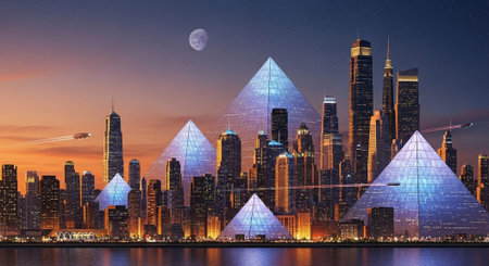 Futuristic Smart City Skyline with Neon Lights and Advanced Transportation Technology.