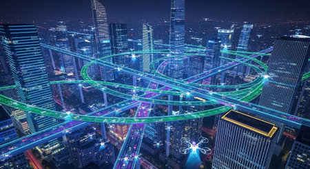 Futuristic Smart City Skyline with Neon Lights and Advanced Transportation Technology.の写真素材