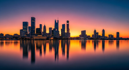 Futuristic Smart City Skyline with Neon Lights and Advanced Transportation Technology.
