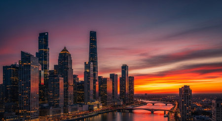 Futuristic Smart City Skyline with Neon Lights and Advanced Transportation Technology.の写真素材