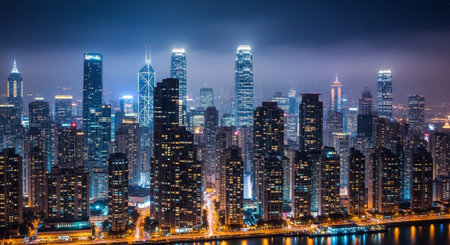 Futuristic Smart City Skyline with Neon Lights and Advanced Transportation Technology.