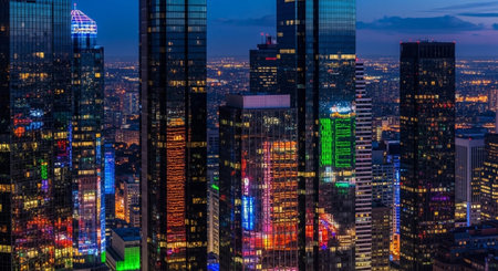 Futuristic Smart City Skyline with Neon Lights and Advanced Transportation Technology.