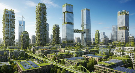 Futuristic Smart City Skyline with Neon Lights and Advanced Transportation Technology.