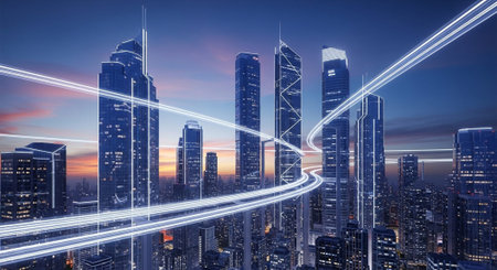 Futuristic Smart City Skyline with Neon Lights and Advanced Transportation Technology.