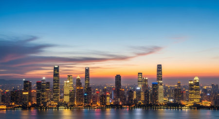 Futuristic Smart City Skyline with Neon Lights and Advanced Transportation Technology.