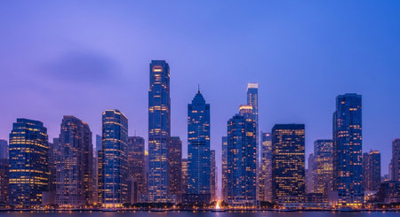 Futuristic Smart City Skyline with Neon Lights and Advanced Transportation Technology.の写真素材