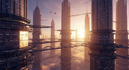 Futuristic Smart City Skyline with Neon Lights and Advanced Transportation Technology.