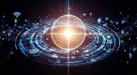 Futuristic Digital Technology Network and Artificial Intelligence Data Communication Background.
