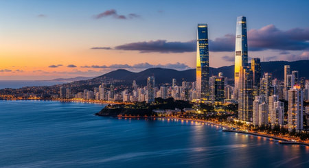 Futuristic Smart City Skyline with Neon Lights and Advanced Transportation Technology.の写真素材